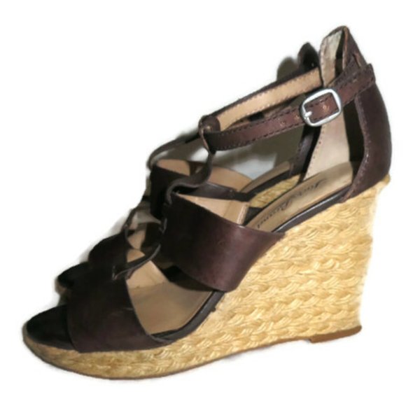Lucky Brand Brown Leather Espadrille Wedge Sandal 7.5 - Picture 1 of 11